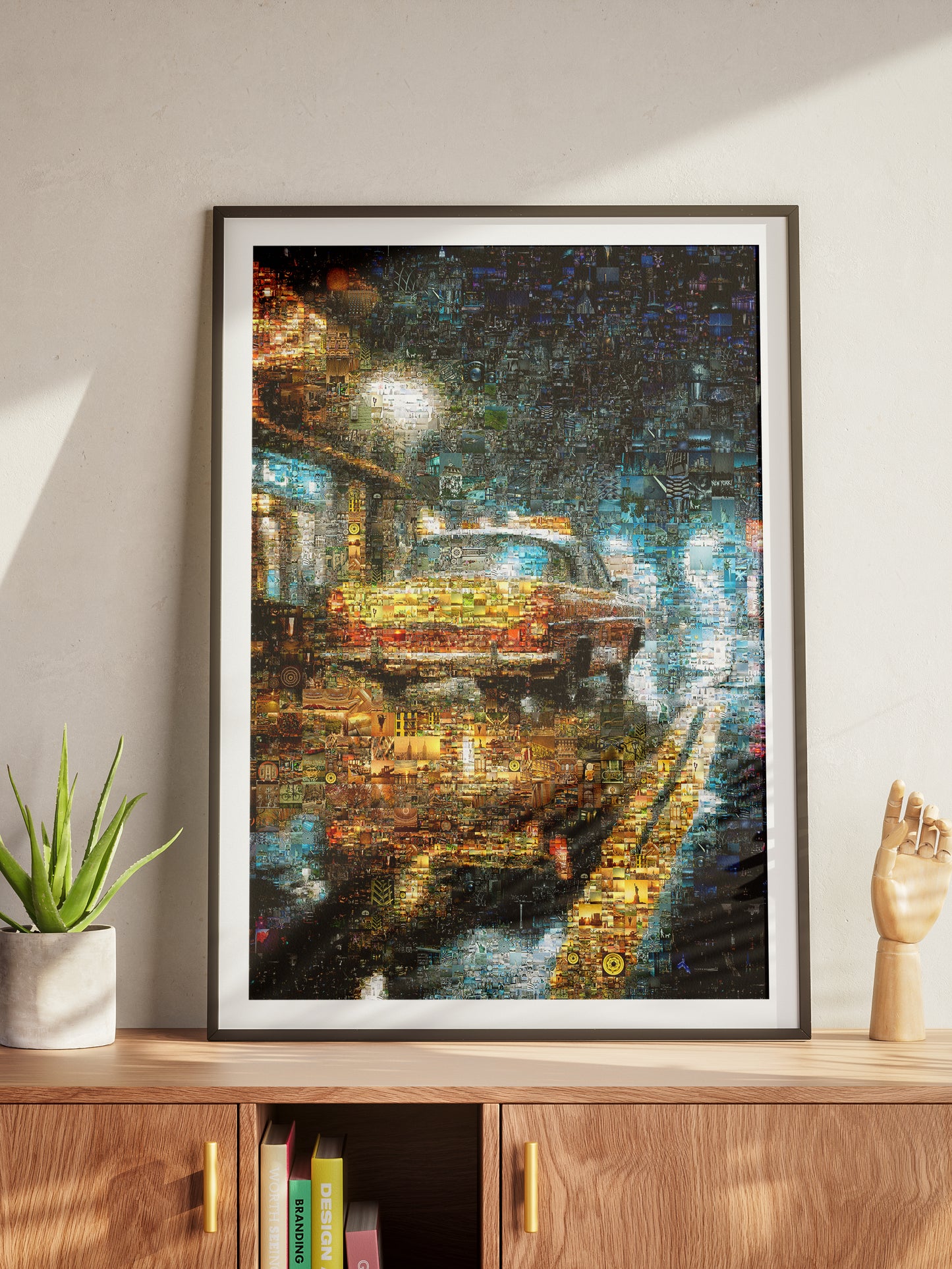 Stunning Mosaic Art of a Yellow Taxi Cab in Rainy Night - Unique Wall Decor for Home & Office AtelierMosaics