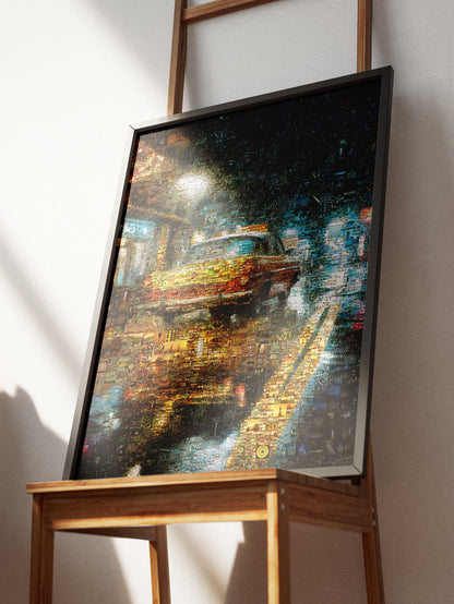 Stunning Mosaic Art of a Yellow Taxi Cab in Rainy Night - Unique Wall Decor for Home & Office AtelierMosaics