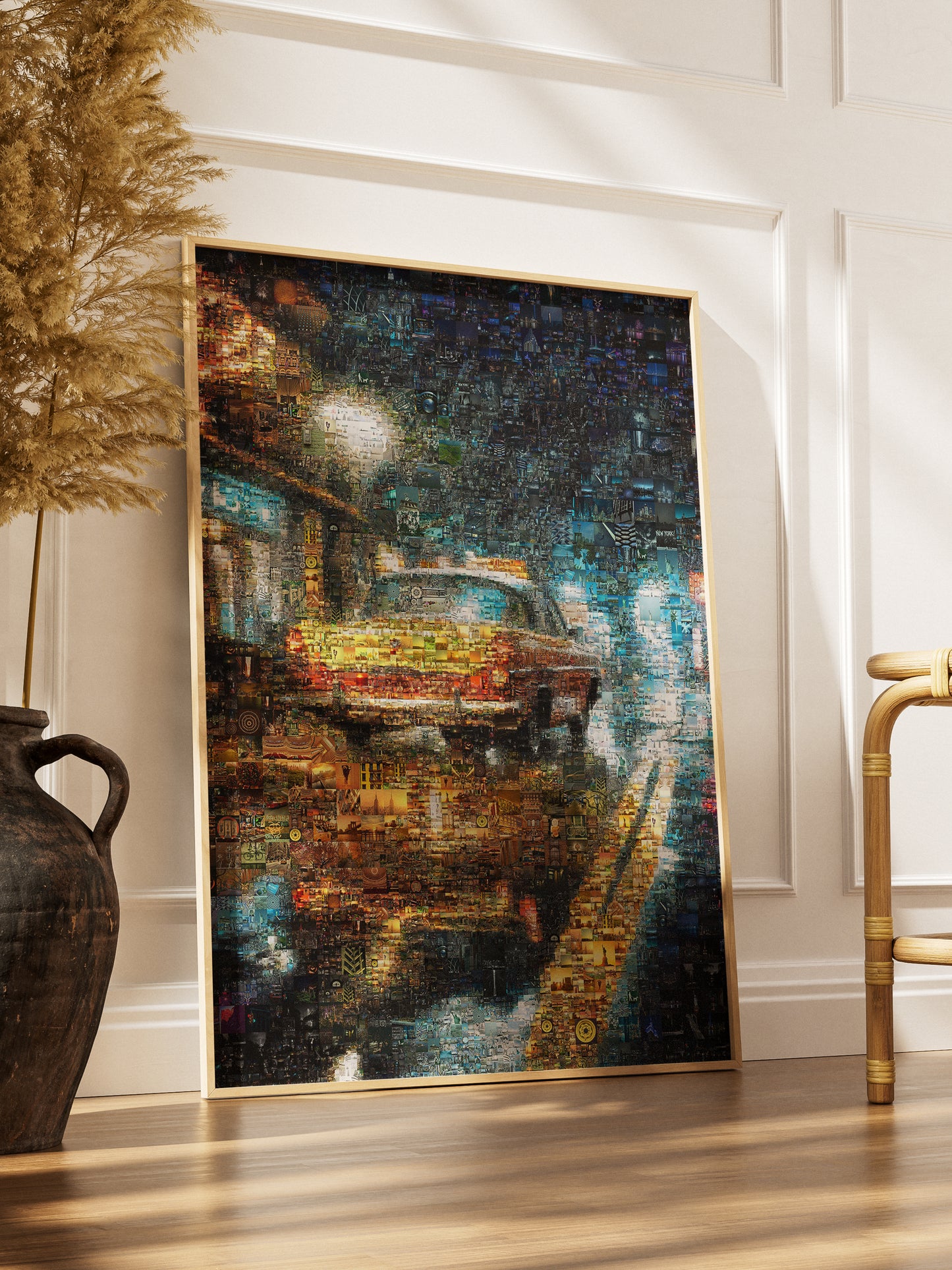 Stunning Mosaic Art of a Yellow Taxi Cab in Rainy Night - Unique Wall Decor for Home & Office AtelierMosaics