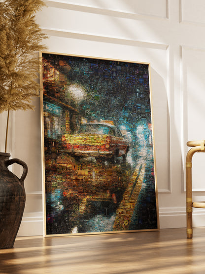 Stunning Mosaic Art of a Yellow Taxi Cab in Rainy Night - Unique Wall Decor for Home & Office AtelierMosaics