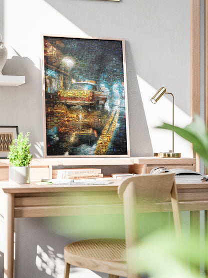 Stunning Mosaic Art of a Yellow Taxi Cab in Rainy Night - Unique Wall Decor for Home & Office AtelierMosaics