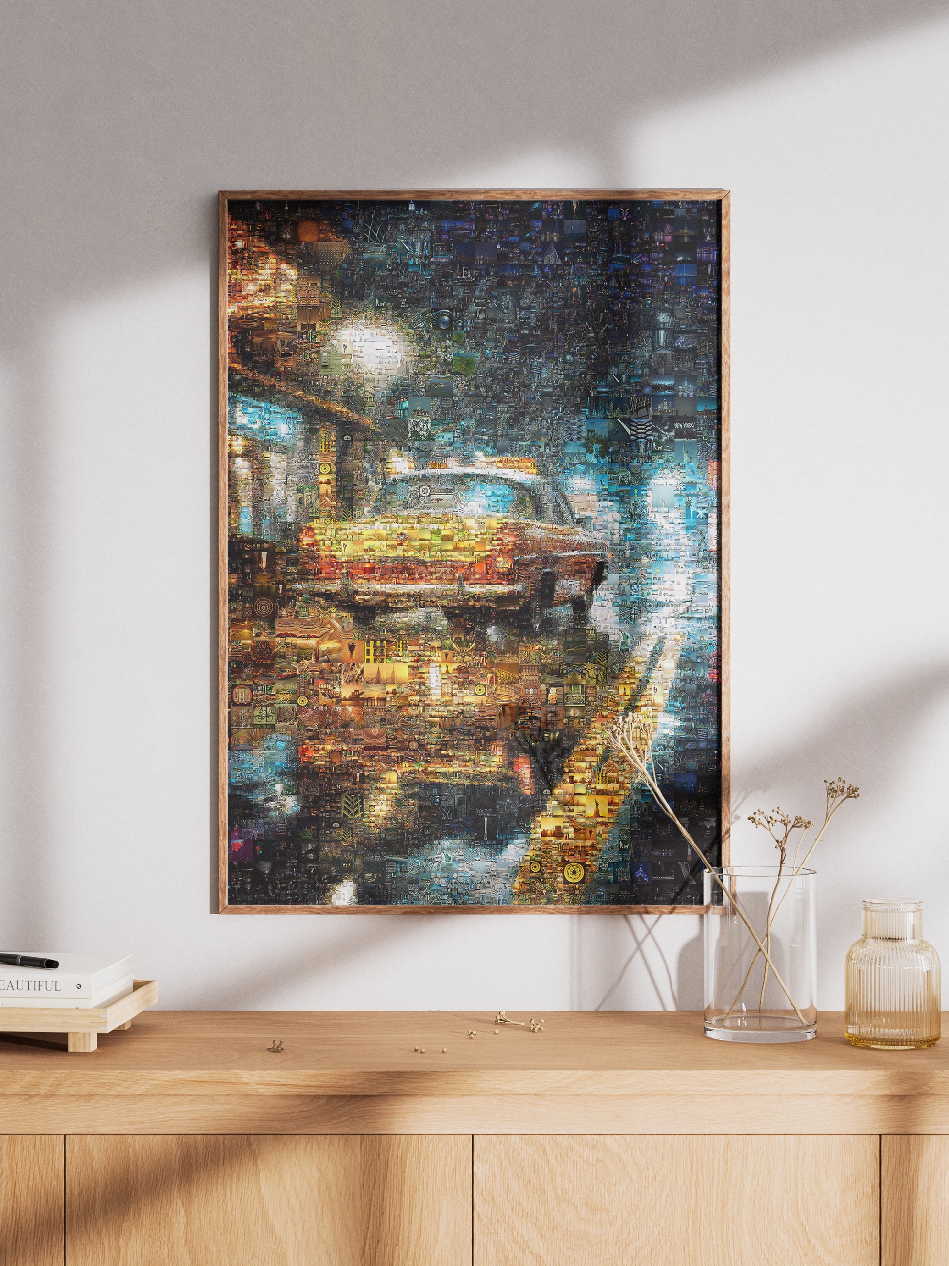 Stunning Mosaic Art of a Yellow Taxi Cab in Rainy Night - Unique Wall Decor for Home & Office AtelierMosaics