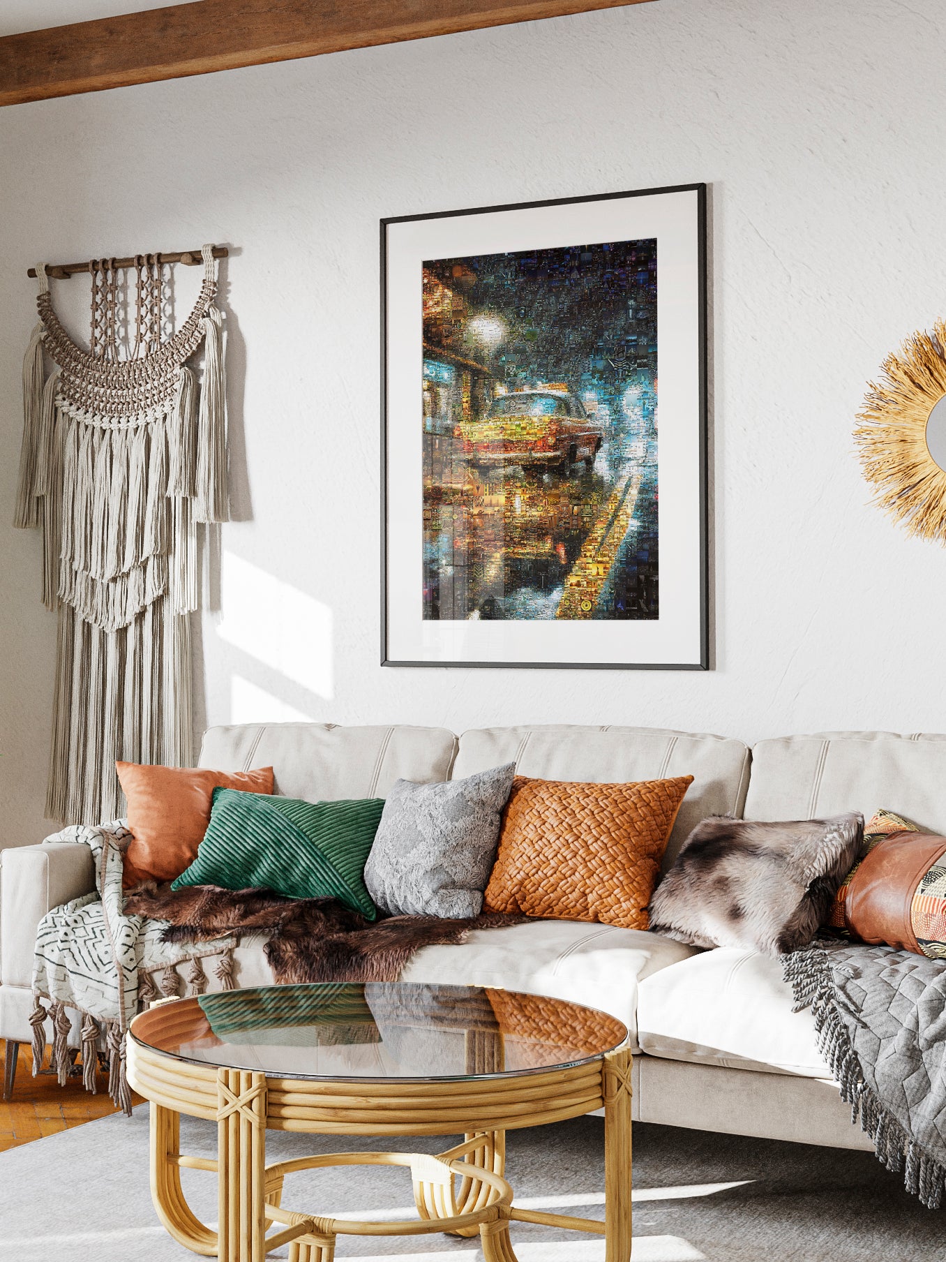 Stunning Mosaic Art of a Yellow Taxi Cab in Rainy Night - Unique Wall Decor for Home & Office AtelierMosaics