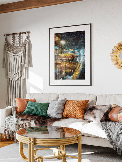 Stunning Mosaic Art of a Yellow Taxi Cab in Rainy Night - Unique Wall Decor for Home & Office AtelierMosaics