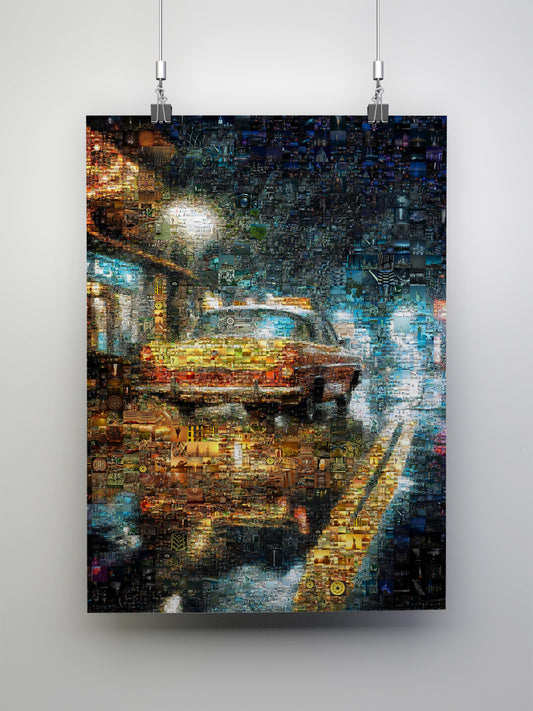 Stunning Mosaic Art of a Yellow Taxi Cab in Rainy Night - Unique Wall Decor for Home & Office