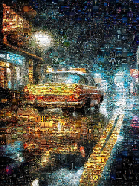 Stunning Mosaic Art of a Yellow Taxi Cab in Rainy Night - Unique Wall Decor for Home & Office AtelierMosaics