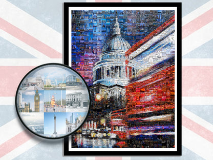 London Cityscape Painting with Red Double Decker Bus, Travel Art Print, Urban Wall Decor