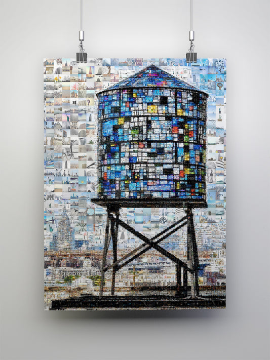 Stunning Water Tower Mosaic Art - Colorful Urban Landscape Décor for Home or Office