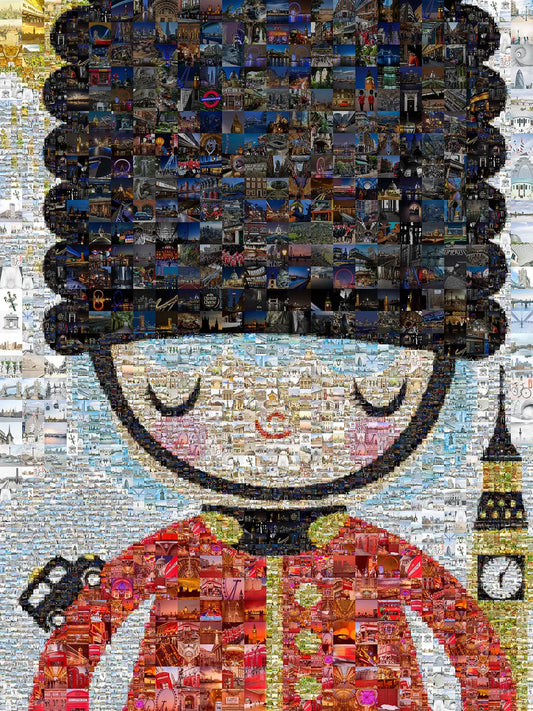 Vibrant London Mosaic Artwork - Iconic British Guard & Cityscape Collage AtelierMosaics