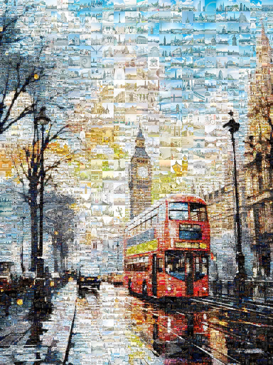 Stunning London Mosaic Artwork Featuring Iconic Landmarks and Red Double-Decker Bus AtelierMosaics