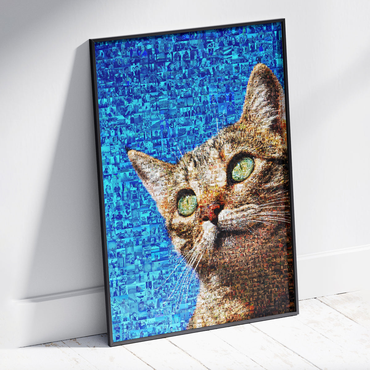 Custom photo mosaic displayed in a modern black metal frame