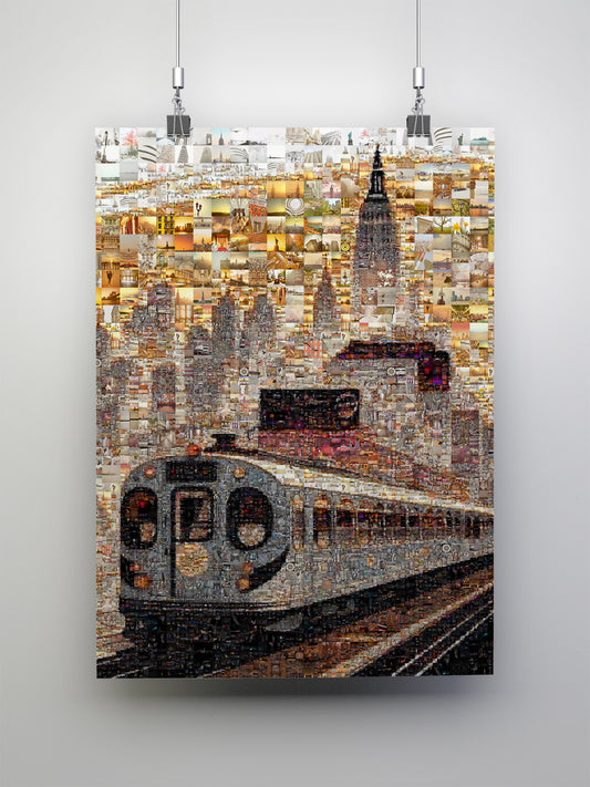 Stunning NYC Mosaic Art: Train and Skyline Collage for Home Decor