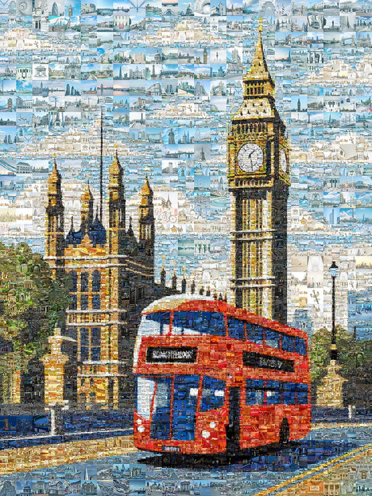 London Mosaic Artwork: Iconic Red Bus & Big Ben - Stunning Cityscape Wall Art AtelierMosaics