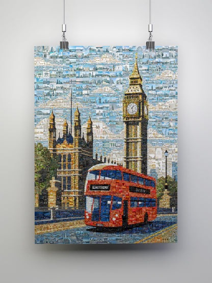 London Mosaic Artwork: Iconic Red Bus & Big Ben - Stunning Cityscape Wall Art AtelierMosaics
