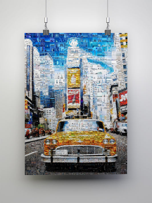 Stunning New York City Mosaic Art: Vibrant Yellow Taxi and Iconic Skylines