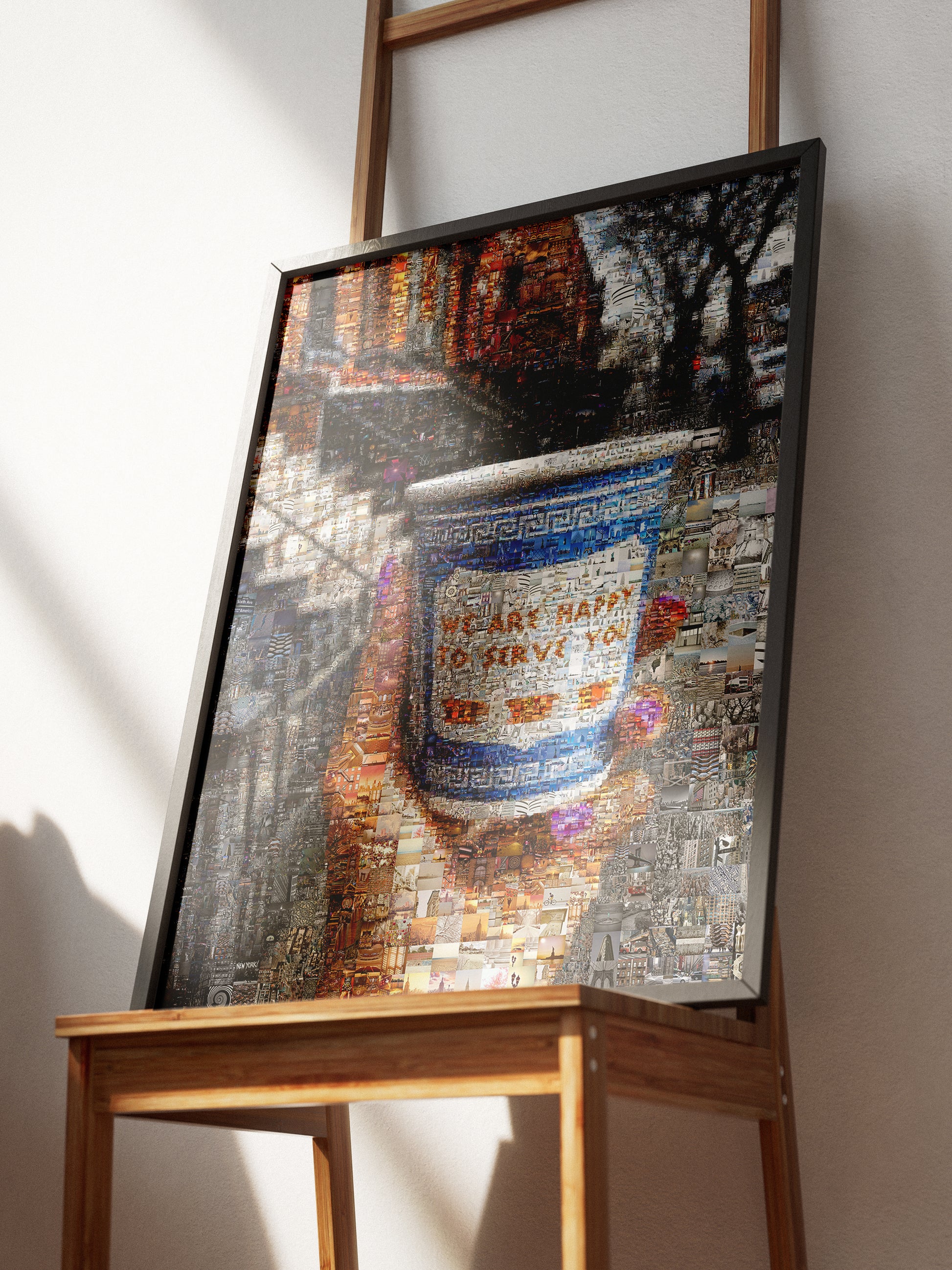 Charming Mosaic Artwork: 'We Are Happy to Serve You' - Unique Wall Décor for Coffee Lovers and Art Enthusiasts AtelierMosaics