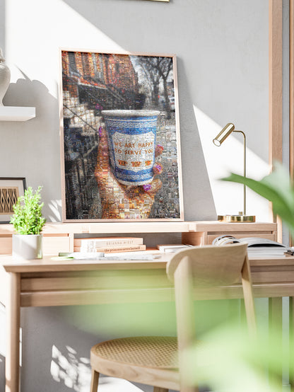 Charming Mosaic Artwork: 'We Are Happy to Serve You' - Unique Wall Décor for Coffee Lovers and Art Enthusiasts AtelierMosaics
