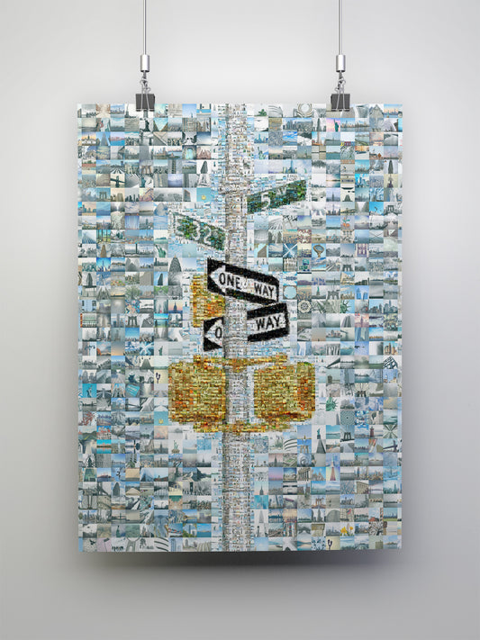 Stunning Mosaic Artwork of Urban Landscapes - Unique One Way Sign Design for Home Decor