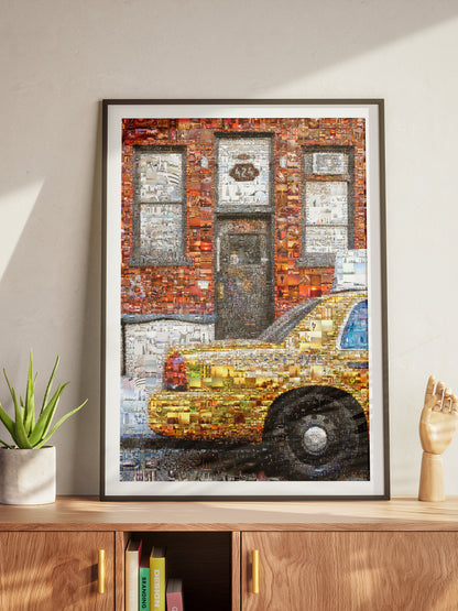 Stunning Urban Mosaic Artwork - Vibrant Yellow Taxi with Iconic Cityscapes - Perfect for Home Decor AtelierMosaics