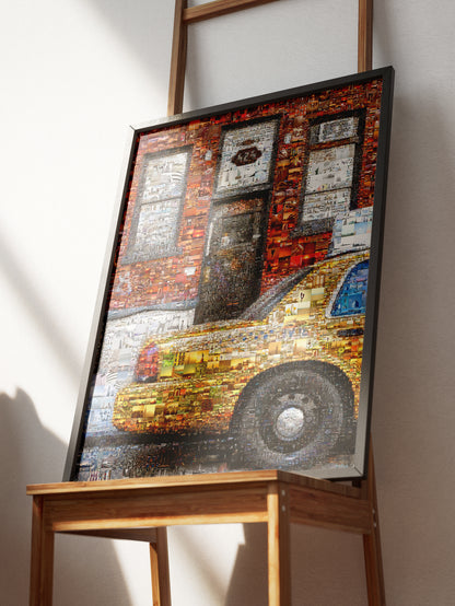 Stunning Urban Mosaic Artwork - Vibrant Yellow Taxi with Iconic Cityscapes - Perfect for Home Decor AtelierMosaics