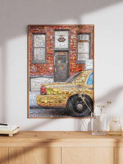 Stunning Urban Mosaic Artwork - Vibrant Yellow Taxi with Iconic Cityscapes - Perfect for Home Decor AtelierMosaics