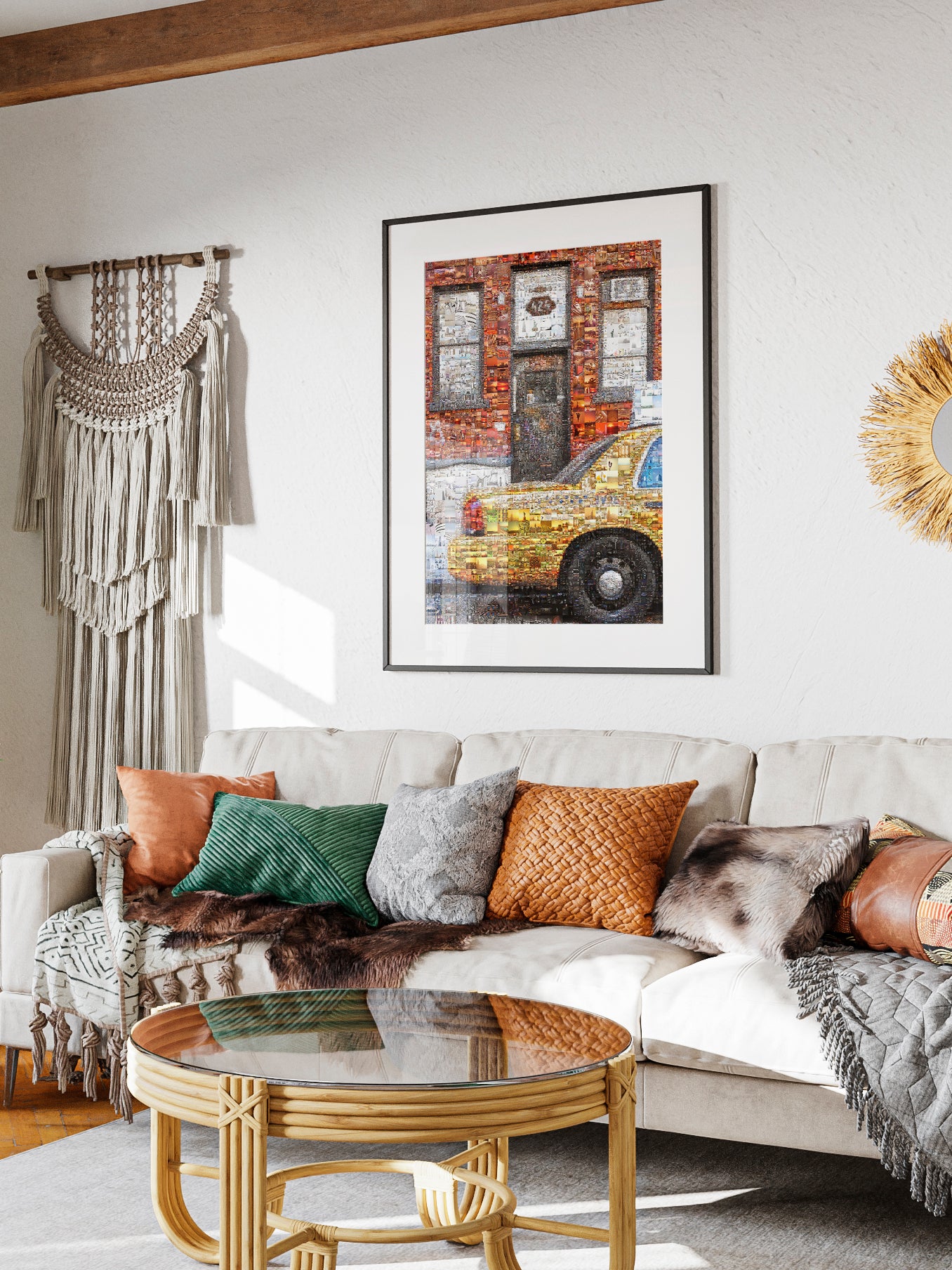 Stunning Urban Mosaic Artwork - Vibrant Yellow Taxi with Iconic Cityscapes - Perfect for Home Decor AtelierMosaics