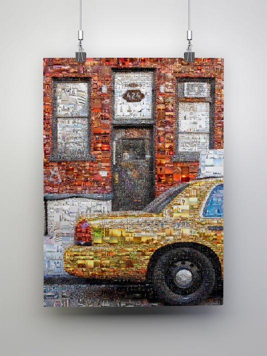 Stunning Urban Mosaic Artwork - Vibrant Yellow Taxi with Iconic Cityscapes - Perfect for Home Decor
