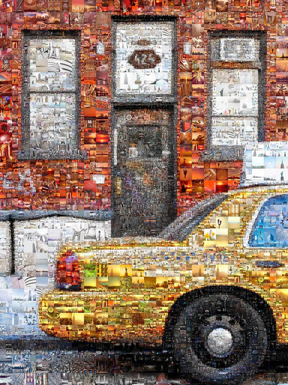Stunning Urban Mosaic Artwork - Vibrant Yellow Taxi with Iconic Cityscapes - Perfect for Home Decor AtelierMosaics