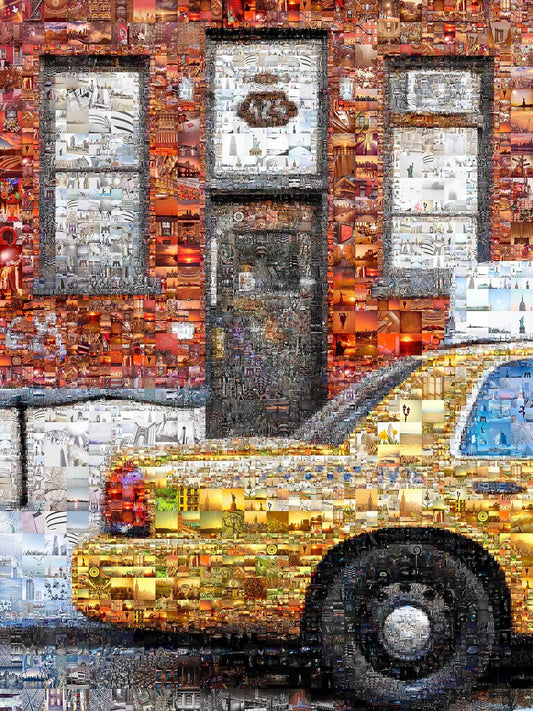 Stunning Urban Mosaic Artwork - Vibrant Yellow Taxi with Iconic Cityscapes - Perfect for Home Decor AtelierMosaics