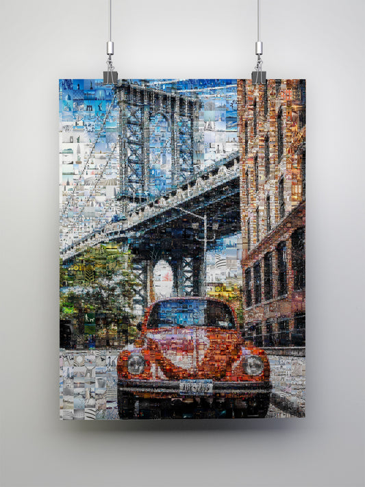 Stunning Brooklyn Bridge Mosaic Art - Colorful Vintage Car Artwork for Home Decor