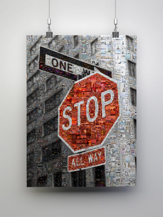 Vibrant Mosaic Stop Sign Artwork - Unique Urban Wall Decor for Home or Office