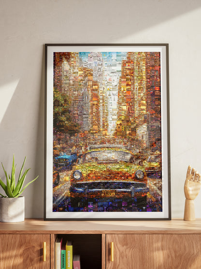 Vibrant Mosaic Artwork: Classic Yellow Cab in Cityscape | Stunning Multi-Image Collage for Home Decor AtelierMosaics