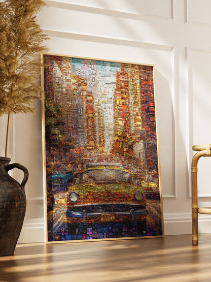 Vibrant Mosaic Artwork: Classic Yellow Cab in Cityscape | Stunning Multi-Image Collage for Home Decor AtelierMosaics