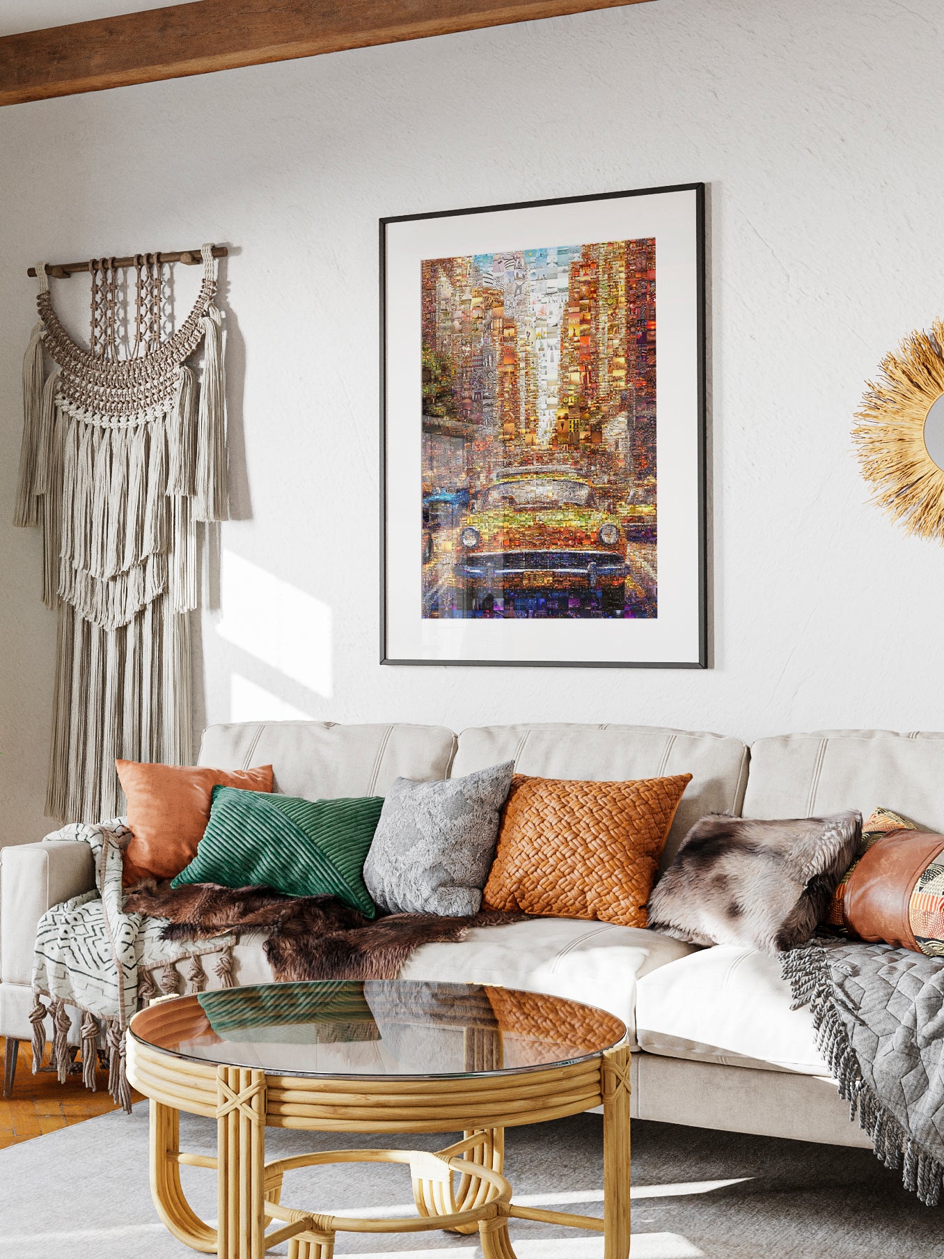 Vibrant Mosaic Artwork: Classic Yellow Cab in Cityscape | Stunning Multi-Image Collage for Home Decor AtelierMosaics