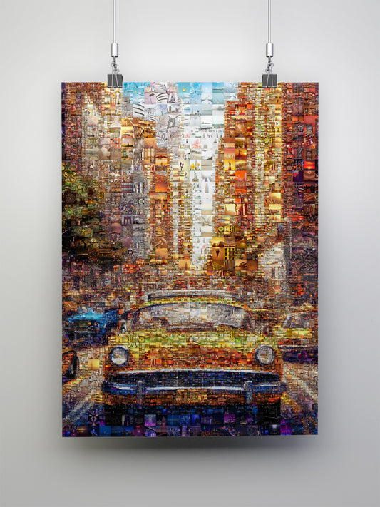Vibrant Mosaic Artwork: Classic Yellow Cab in Cityscape | Stunning Multi-Image Collage for Home Decor