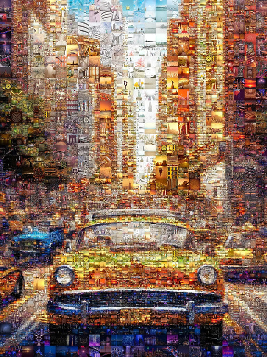 Vibrant Mosaic Artwork: Classic Yellow Cab in Cityscape | Stunning Multi-Image Collage for Home Decor AtelierMosaics