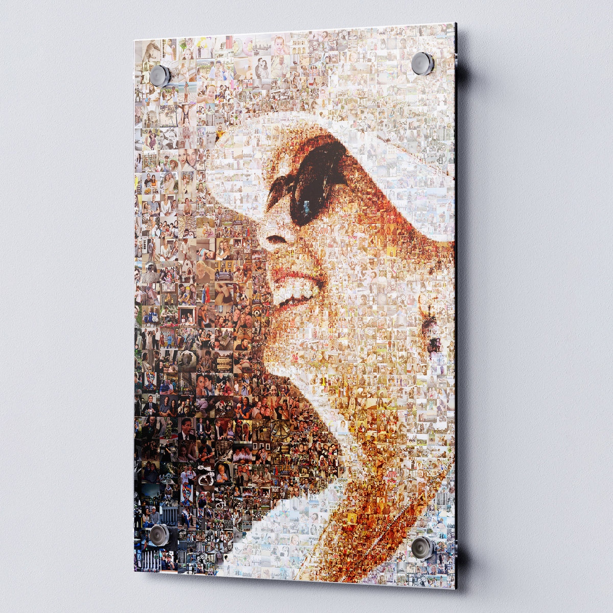 Custom photo mosaic displayed as a glossy acrylic print