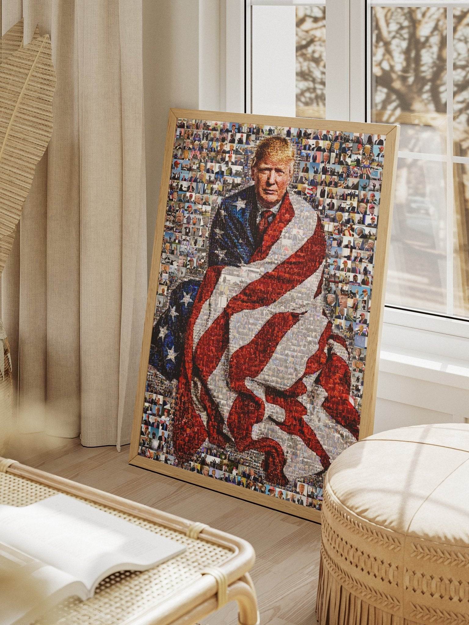 Stunning Mosaic Portrait of Donald Trump Wrapped in American Flag - Unique Wall Art for Patriotic Decor - AtelierMosaics