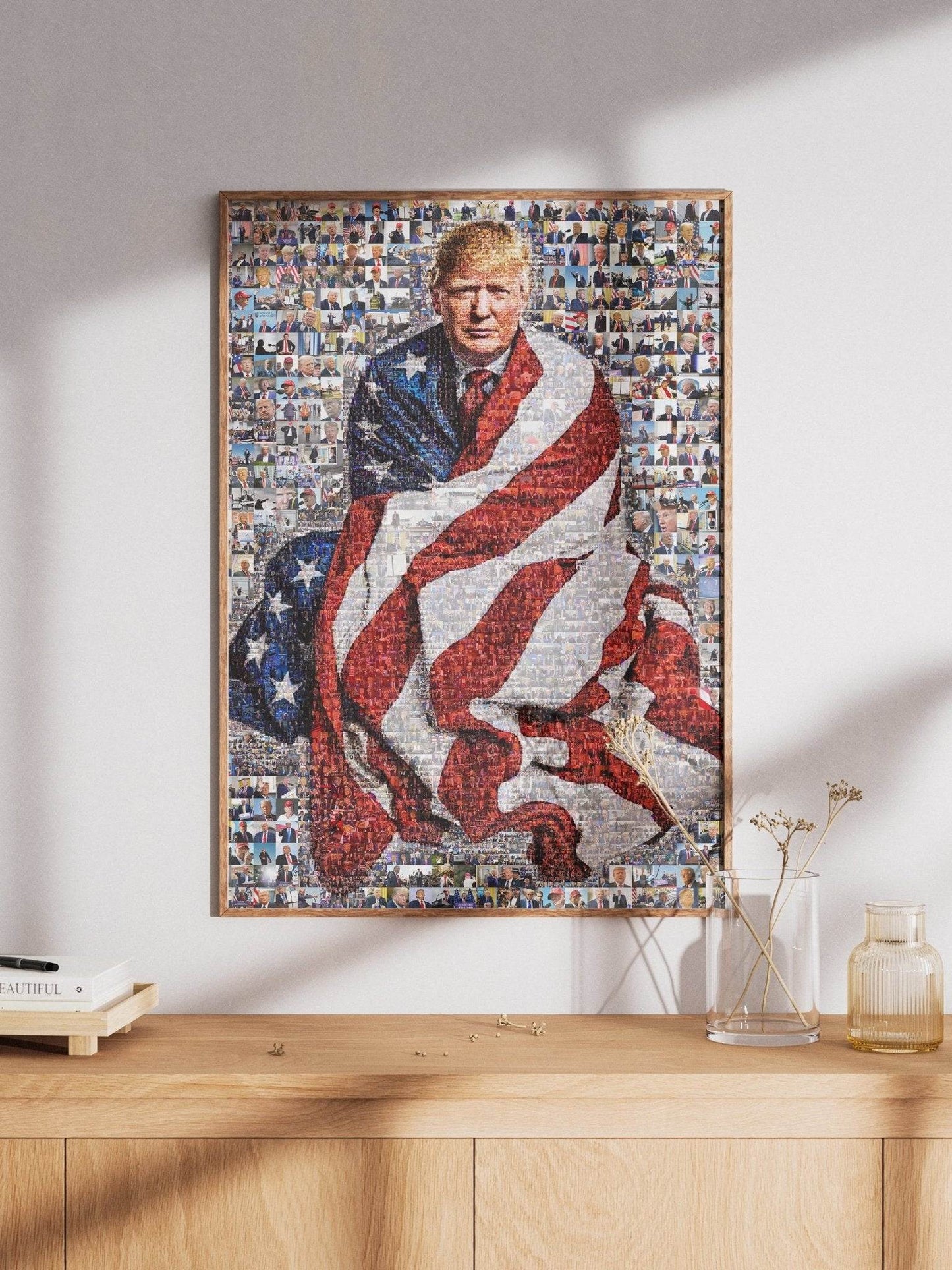 Stunning Mosaic Portrait of Donald Trump Wrapped in American Flag - Unique Wall Art for Patriotic Decor - AtelierMosaics