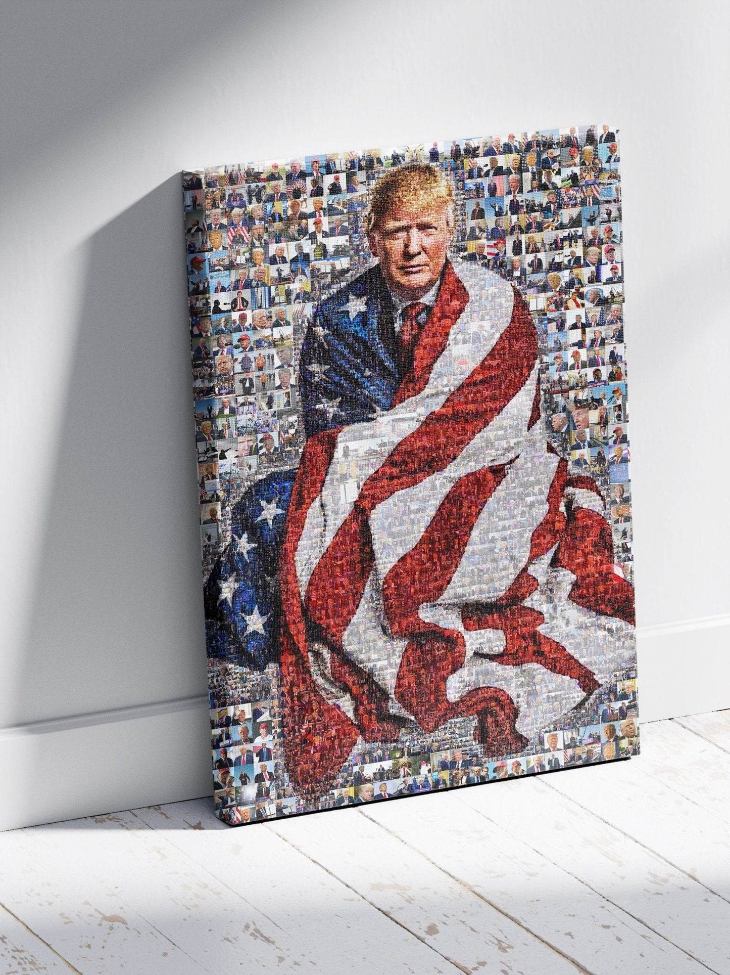Stunning Mosaic Portrait of Donald Trump Wrapped in American Flag - Unique Wall Art for Patriotic Decor - AtelierMosaics