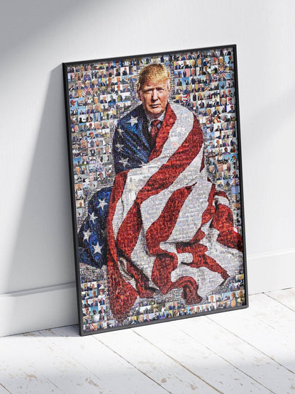 Stunning Mosaic Portrait of Donald Trump Wrapped in American Flag - Unique Wall Art for Patriotic Decor - AtelierMosaics