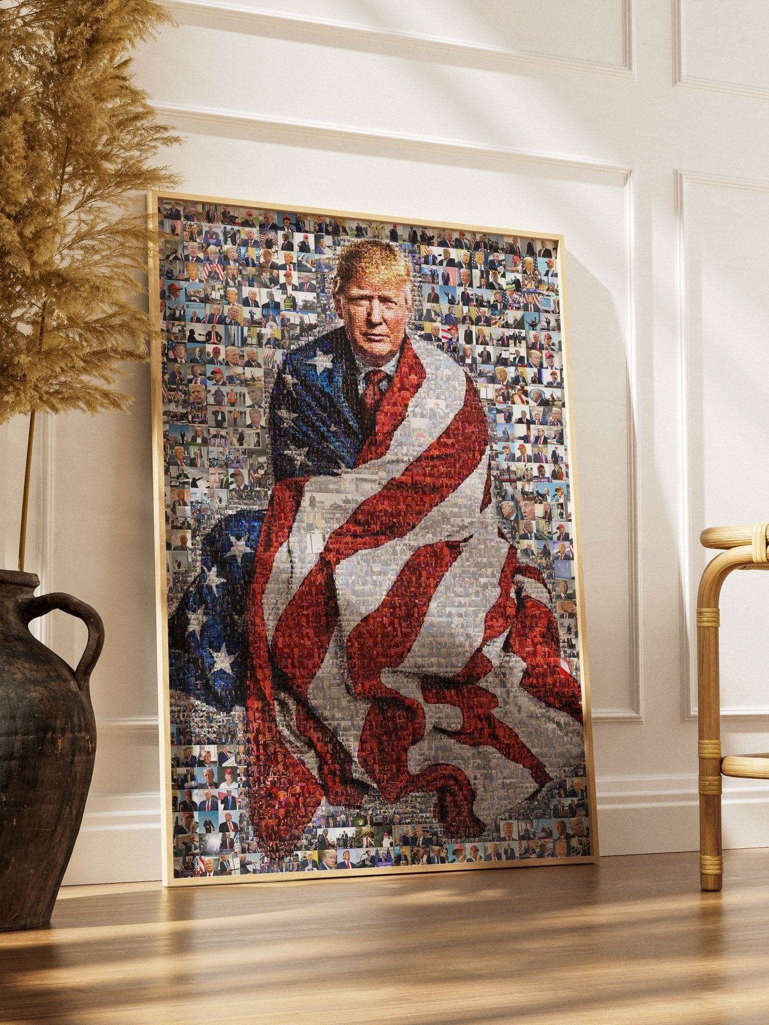 Stunning Mosaic Portrait of Donald Trump Wrapped in American Flag - Unique Wall Art for Patriotic Decor - AtelierMosaics