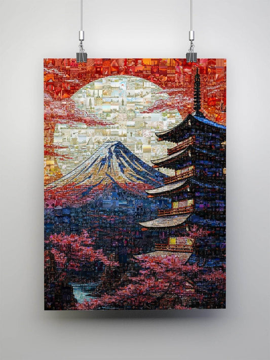 Mount Fuji pagoda Japanese mosaic art - Japanese landmark canvas wall decor