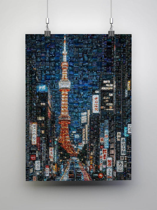 Tokyo Tower street Japanese mosaic art - Japanese city canvas wall decor
