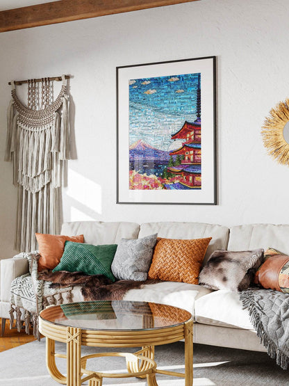 Mount Fuji & Pagoda – Japanese Spring Mosaic Wall Art - AtelierMosaics