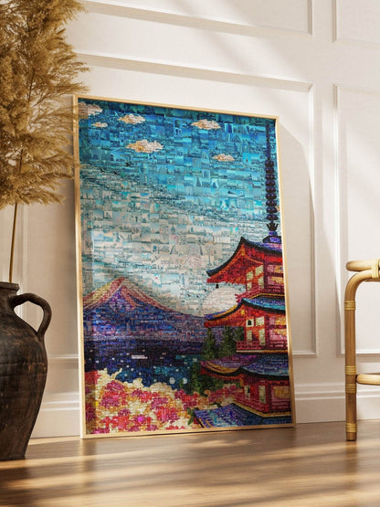 Mount Fuji & Pagoda – Japanese Spring Mosaic Wall Art - AtelierMosaics