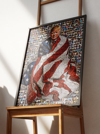 Stunning Mosaic Portrait of Donald Trump Wrapped in American Flag - Unique Wall Art for Patriotic Decor AtelierMosaics