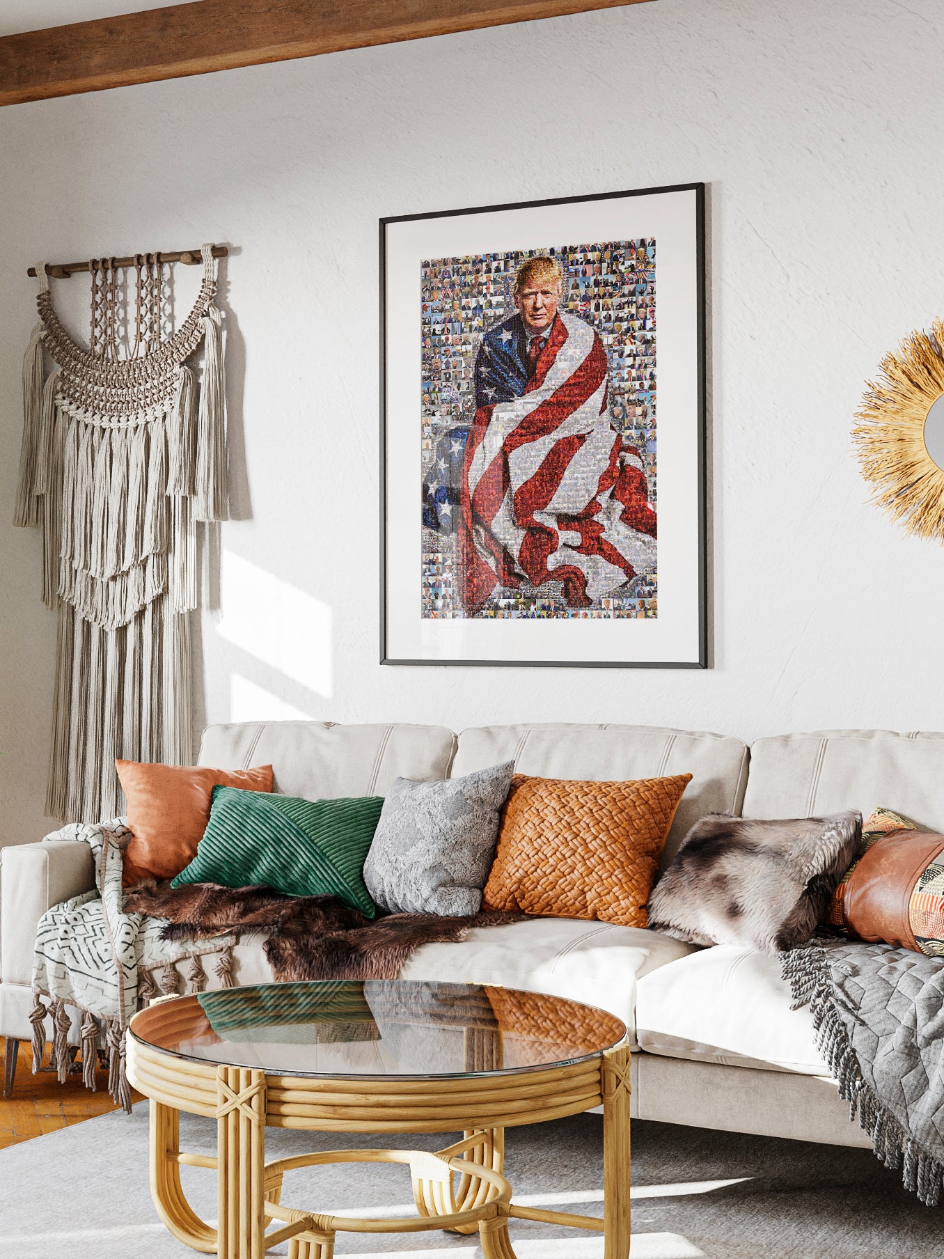 Stunning Mosaic Portrait of Donald Trump Wrapped in American Flag - Unique Wall Art for Patriotic Decor AtelierMosaics