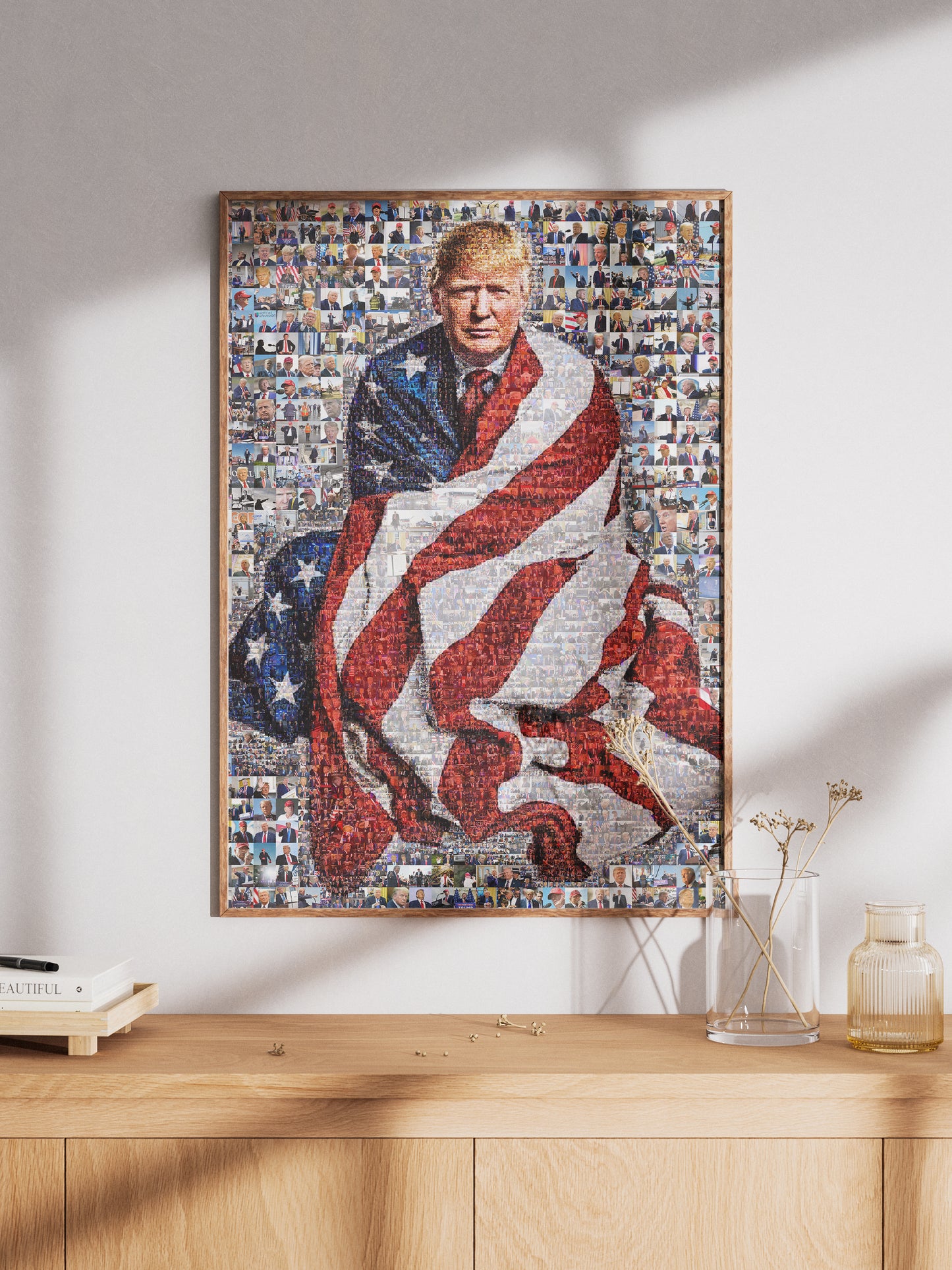Stunning Mosaic Portrait of Donald Trump Wrapped in American Flag - Unique Wall Art for Patriotic Decor AtelierMosaics