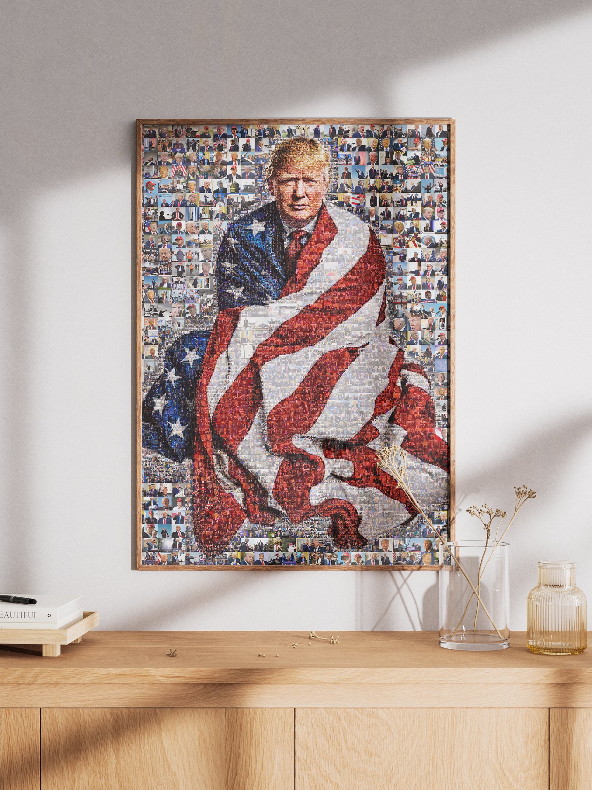 Stunning Mosaic Portrait of Donald Trump Wrapped in American Flag - Unique Wall Art for Patriotic Decor AtelierMosaics